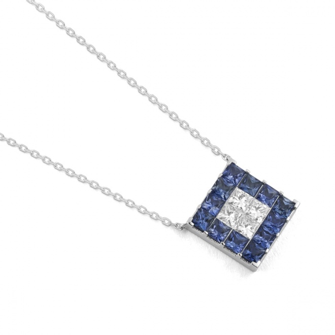 Colgante de oro blanco de 18 Kt con zafiro de 1,50 ct y diamantes de 0,38 ct