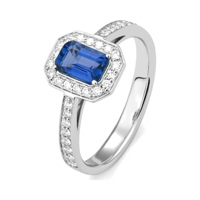 Anillo de oro blanco de 18 Kt con piedra de color y diamantes de 0,26 a 0,34 ct