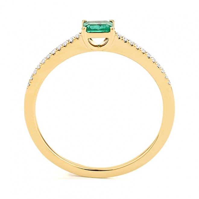 Anillo de oro amarillo de 18 Kt con esmeralda de 0,22 ct y diamantes de 0,06 ct
