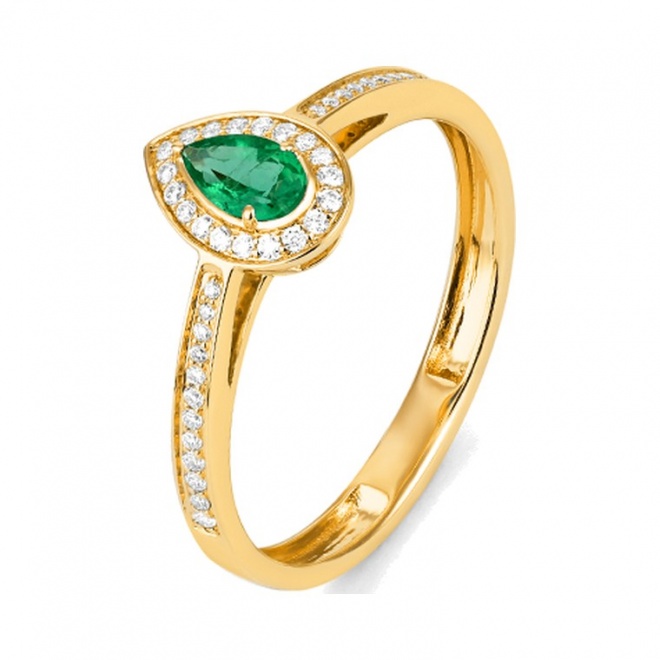 Anillo de oro amarillo de 18 Kt con esmeralda y diamantes