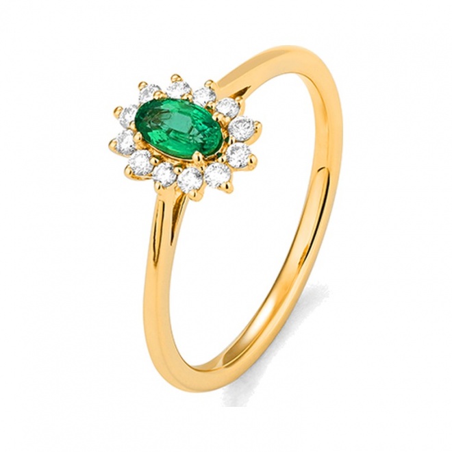 Anillo de oro amarillo de 18 Kt con esmeralda y diamantes