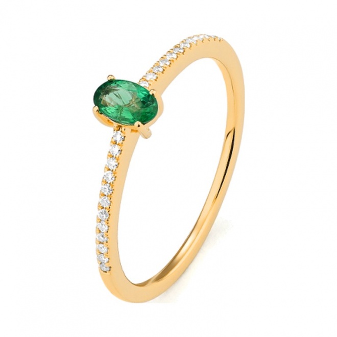 Anillo de oro amarillo de 18 Kt con esmeralda y diamantes de 0,07 ct