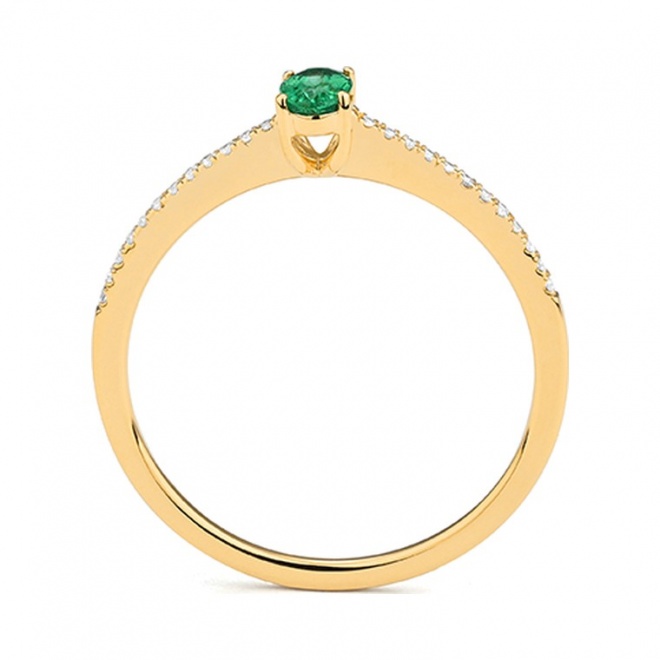 Anillo de oro amarillo de 18 Kt con esmeralda y diamantes de 0,07 ct