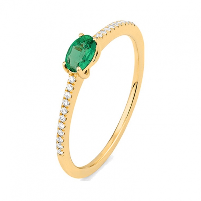 Anillo de oro amarillo de 18 Kt con esmeralda y diamantes de 0,06 ct