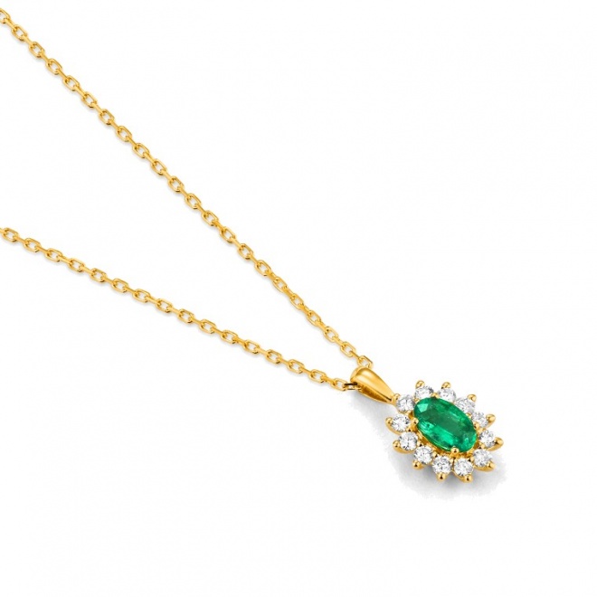 Colgante de oro amarillo de 18 Kt con esmeralda y diamantes