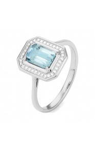 Anillo de oro blanco de 18 Kt con piedra de color y diamantes de 0,10 ct