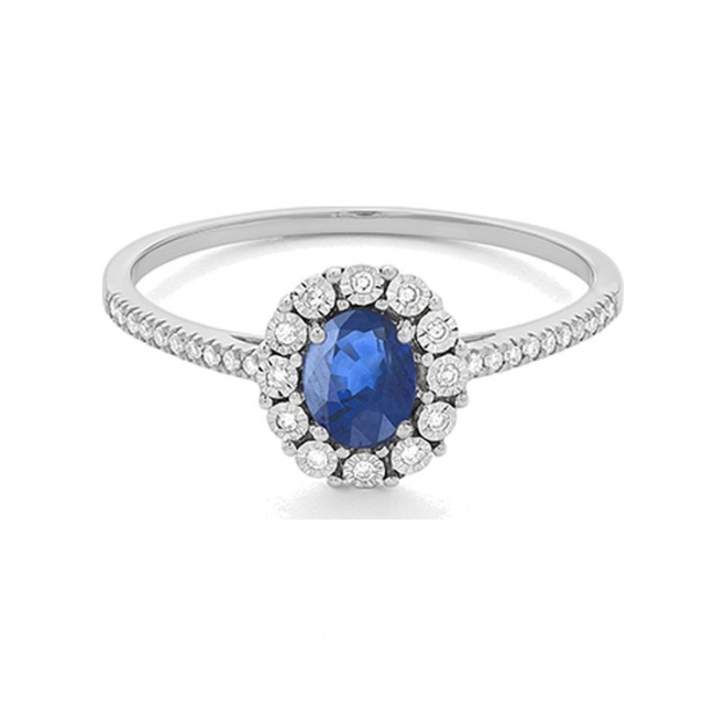 Anillo Rosetón de oro blanco de 18 Kt con piedra de color y diamantes de 0,08 ct