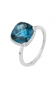Anillo Rosetón de oro blanco de 18 Kt con piedra de color y diamantes de 0,09 ct