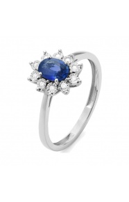 Anillo de oro blanco de 18 Kt con zafiro azul de 0,65 ct y diamantes de 0,07 ct
