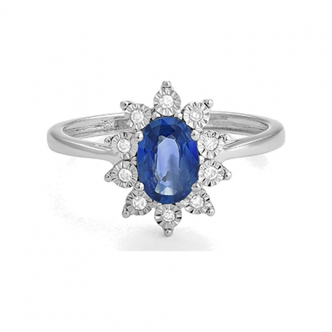 Anillo de oro blanco de 18 Kt con zafiro azul de 0,65 ct y diamantes de 0,07 ct