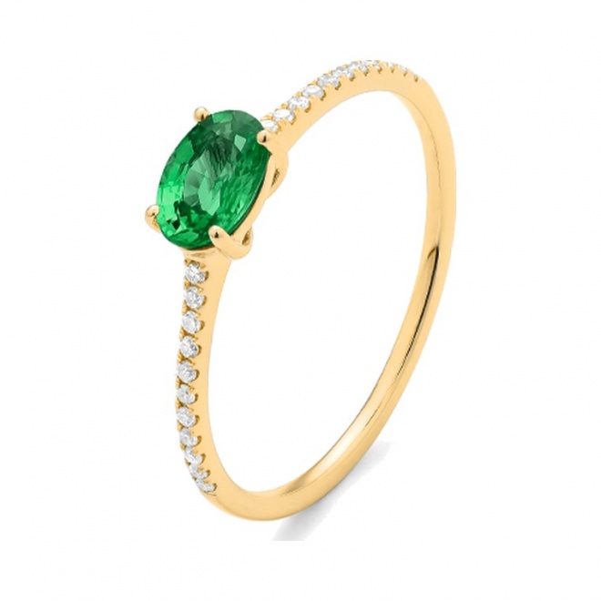 Anillo de oro amarillo de 18 Kt con esmeralda de 0,65 ct y diamantes de 0,09 ct